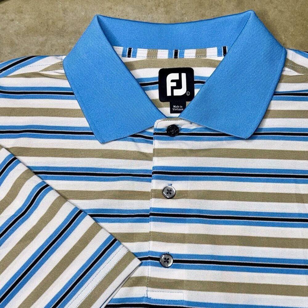 FootJoy Golf Polo Shirt Mens L Blue White Striped Stretch Performance Stretch